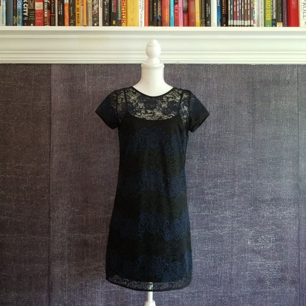 Banana Republic Black and Navy Lace A-Line Dress